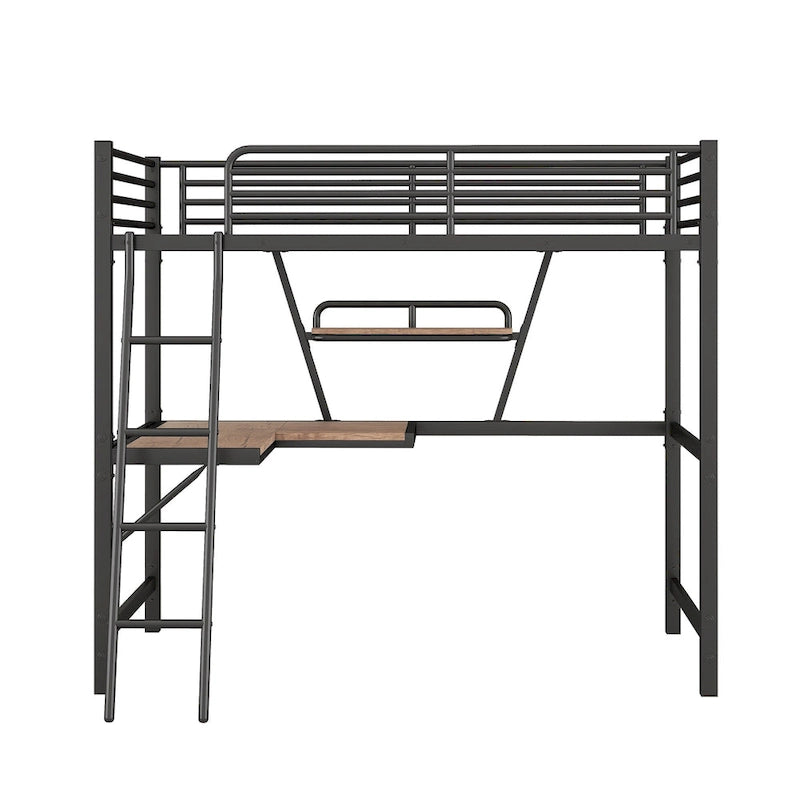 Modern Loft Bed with Desk and Storage Shelf, Heavy Duty Metal Loft Bed Frame with Safety Guardrails & Ladder for Kids Teens