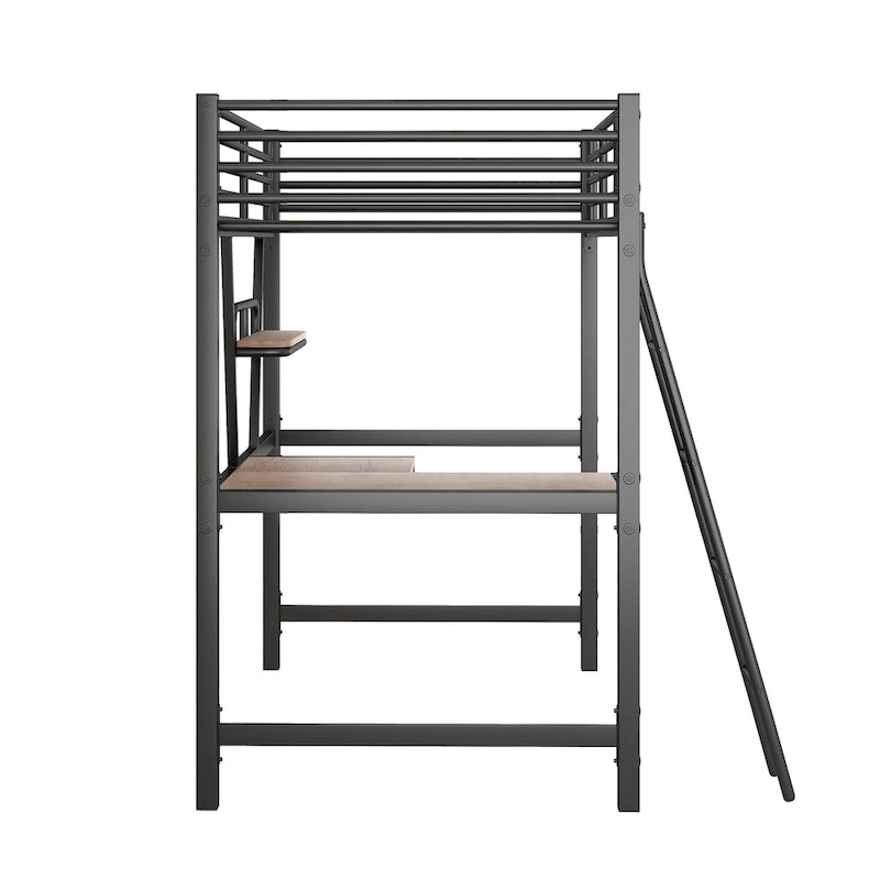 Modern Loft Bed with Desk and Storage Shelf, Heavy Duty Metal Loft Bed Frame with Safety Guardrails & Ladder for Kids Teens