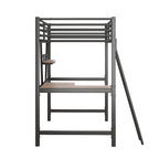 Modern Loft Bed with Desk and Storage Shelf, Heavy Duty Metal Loft Bed Frame with Safety Guardrails & Ladder for Kids Teens