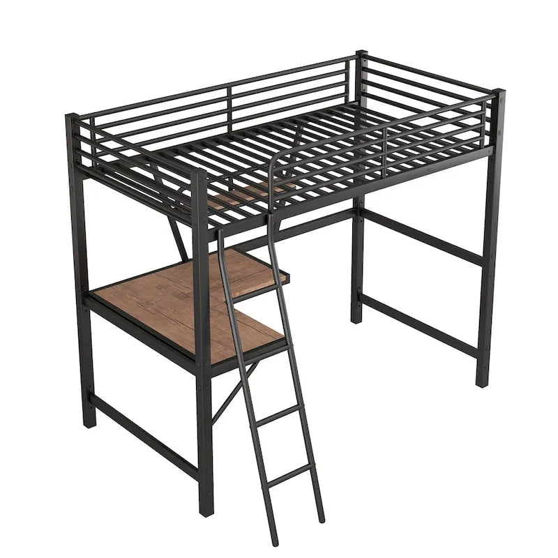 Modern Loft Bed with Desk and Storage Shelf, Heavy Duty Metal Loft Bed Frame with Safety Guardrails & Ladder for Kids Teens