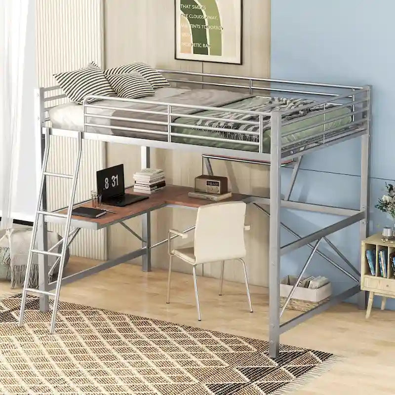 Modern Loft Bed with Desk and Storage Shelf, Heavy Duty Metal Loft Bed Frame with Safety Guardrails & Ladder for Kids Teens