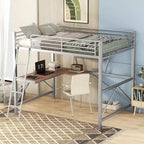 Modern Loft Bed with Desk and Storage Shelf, Heavy Duty Metal Loft Bed Frame with Safety Guardrails & Ladder for Kids Teens