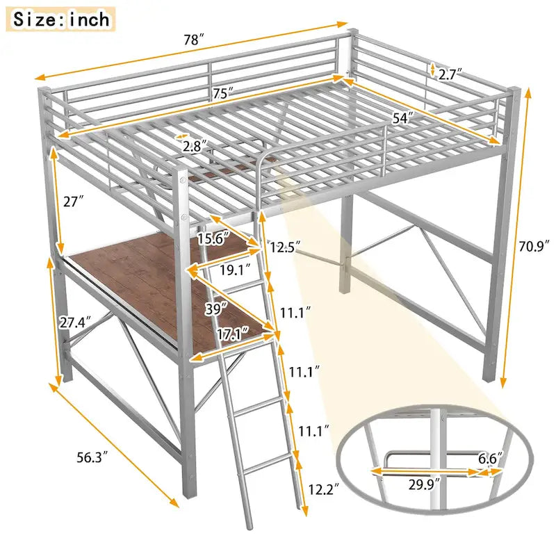 Modern Loft Bed with Desk and Storage Shelf, Heavy Duty Metal Loft Bed Frame with Safety Guardrails & Ladder for Kids Teens