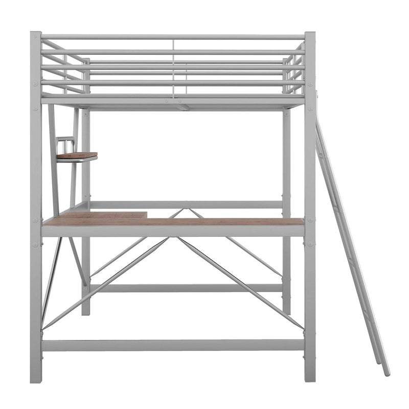 Modern Loft Bed with Desk and Storage Shelf, Heavy Duty Metal Loft Bed Frame with Safety Guardrails & Ladder for Kids Teens