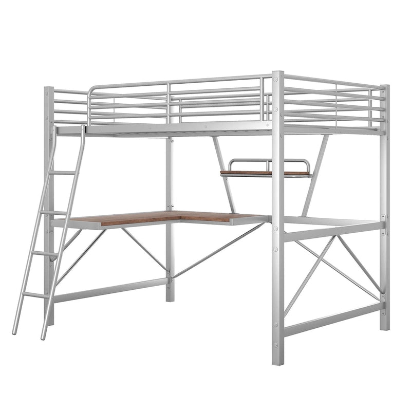 Modern Loft Bed with Desk and Storage Shelf, Heavy Duty Metal Loft Bed Frame with Safety Guardrails & Ladder for Kids Teens