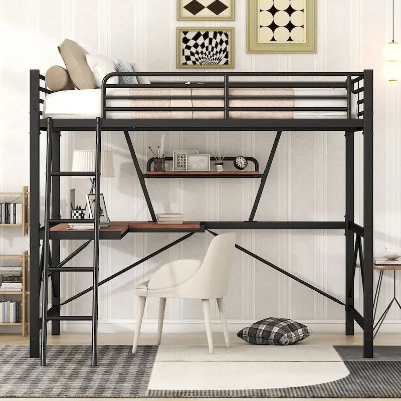 Modern Loft Bed with Desk and Storage Shelf, Heavy Duty Metal Loft Bed Frame with Safety Guardrails & Ladder for Kids Teens