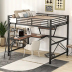 Modern Loft Bed with Desk and Storage Shelf, Heavy Duty Metal Loft Bed Frame with Safety Guardrails & Ladder for Kids Teens