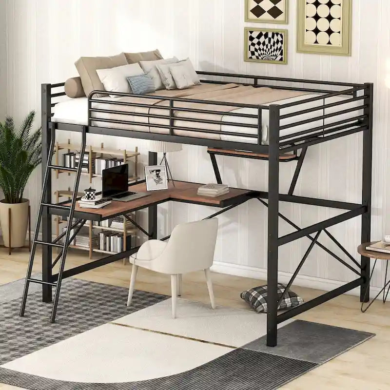 Modern Loft Bed with Desk and Storage Shelf, Heavy Duty Metal Loft Bed Frame with Safety Guardrails & Ladder for Kids Teens
