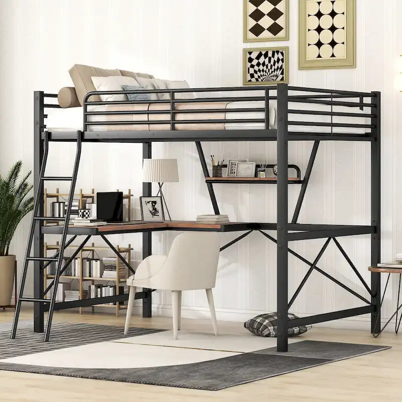 Modern Loft Bed with Desk and Storage Shelf, Heavy Duty Metal Loft Bed Frame with Safety Guardrails & Ladder for Kids Teens