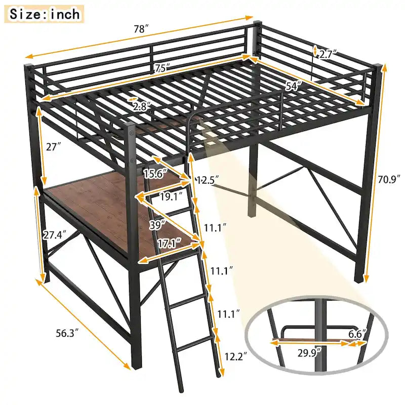 Modern Loft Bed with Desk and Storage Shelf, Heavy Duty Metal Loft Bed Frame with Safety Guardrails & Ladder for Kids Teens