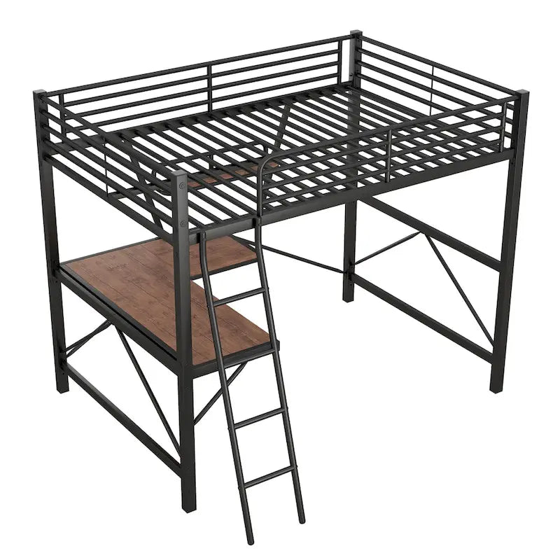 Modern Loft Bed with Desk and Storage Shelf, Heavy Duty Metal Loft Bed Frame with Safety Guardrails & Ladder for Kids Teens