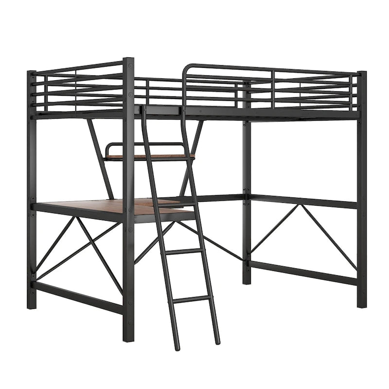 Modern Loft Bed with Desk and Storage Shelf, Heavy Duty Metal Loft Bed Frame with Safety Guardrails & Ladder for Kids Teens