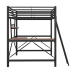 Modern Loft Bed with Desk and Storage Shelf, Heavy Duty Metal Loft Bed Frame with Safety Guardrails & Ladder for Kids Teens