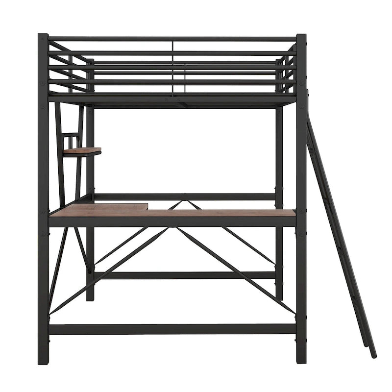 Modern Loft Bed with Desk and Storage Shelf, Heavy Duty Metal Loft Bed Frame with Safety Guardrails & Ladder for Kids Teens