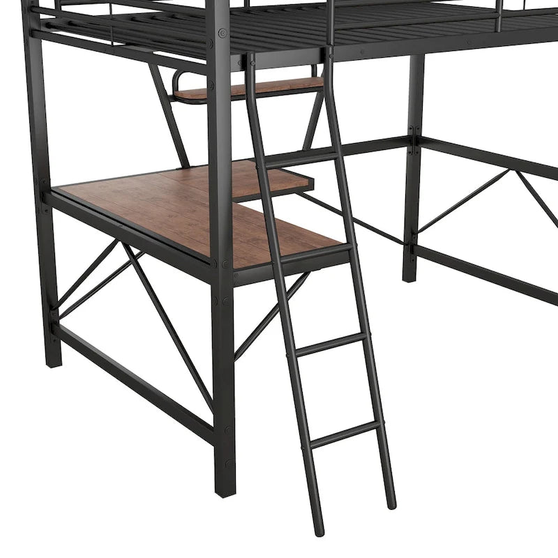 Modern Loft Bed with Desk and Storage Shelf, Heavy Duty Metal Loft Bed Frame with Safety Guardrails & Ladder for Kids Teens