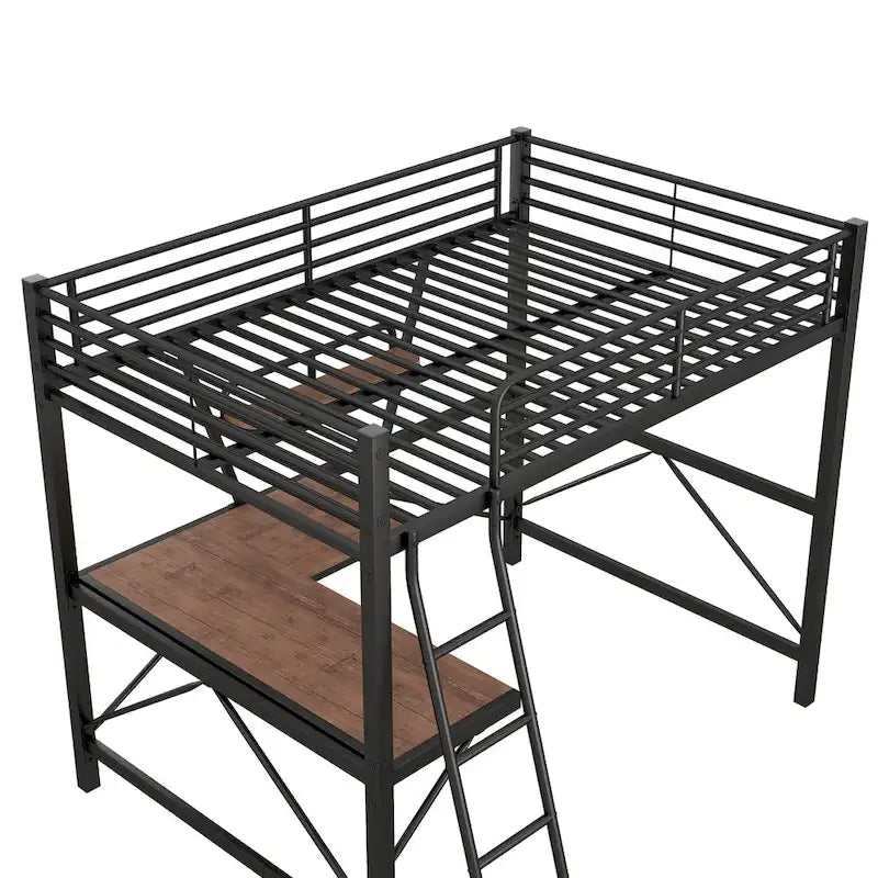 Modern Loft Bed with Desk and Storage Shelf, Heavy Duty Metal Loft Bed Frame with Safety Guardrails & Ladder for Kids Teens