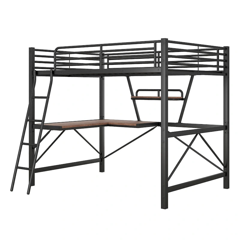 Modern Loft Bed with Desk and Storage Shelf, Heavy Duty Metal Loft Bed Frame with Safety Guardrails & Ladder for Kids Teens