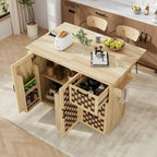 3D Woven Checkerboard Pattern Kitchen Island with Drop Leaf, Internal Storage Rack, Power Outlet, 3 Drawers and 2 Cabinets