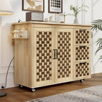 3D Woven Checkerboard Pattern Kitchen Island with Drop Leaf, Internal Storage Rack, Power Outlet, 3 Drawers and 2 Cabinets