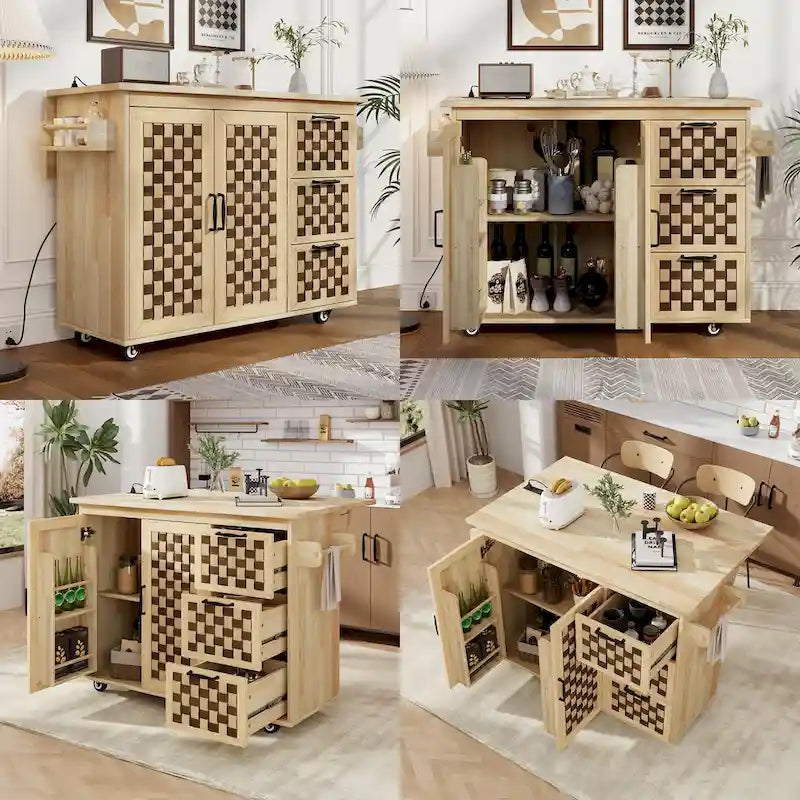 3D Woven Checkerboard Pattern Kitchen Island with Drop Leaf, Internal Storage Rack, Power Outlet, 3 Drawers and 2 Cabinets