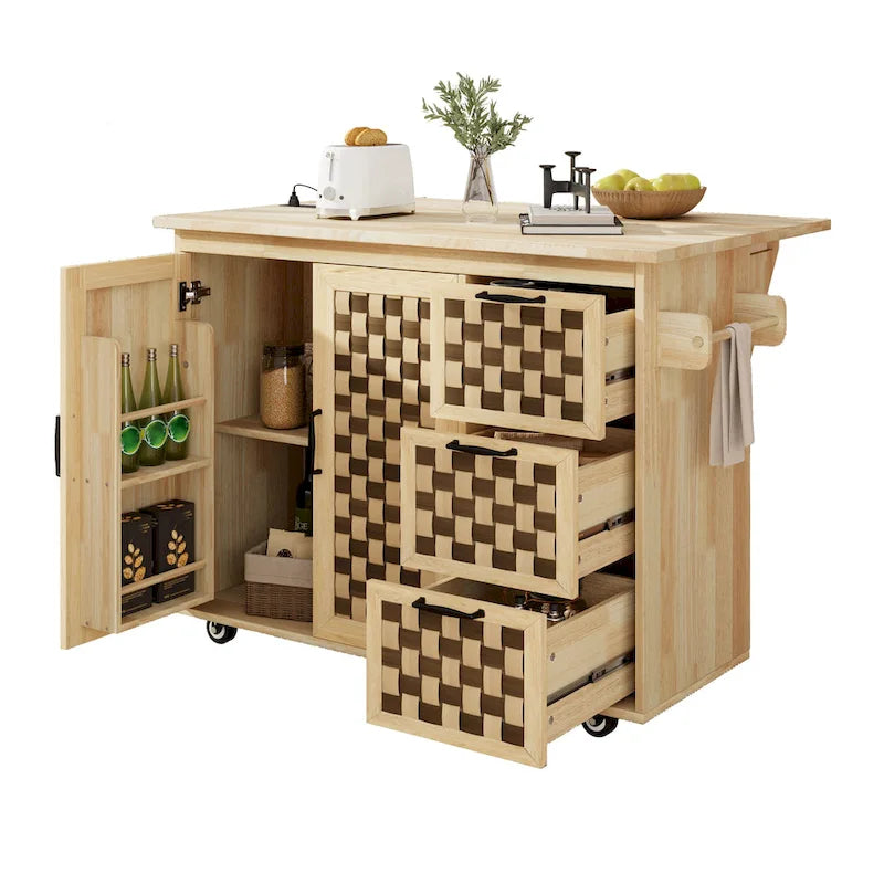 3D Woven Checkerboard Pattern Kitchen Island with Drop Leaf, Internal Storage Rack, Power Outlet, 3 Drawers and 2 Cabinets
