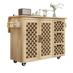 3D Woven Checkerboard Pattern Kitchen Island with Drop Leaf, Internal Storage Rack, Power Outlet, 3 Drawers and 2 Cabinets