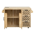 3D Woven Checkerboard Pattern Kitchen Island with Drop Leaf, Internal Storage Rack, Power Outlet, 3 Drawers and 2 Cabinets