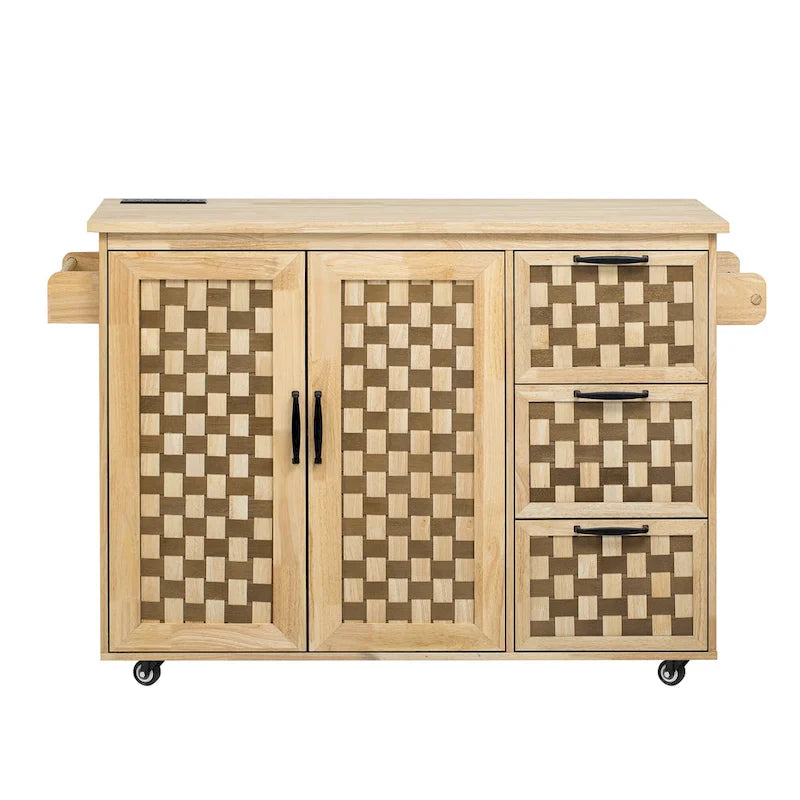 3D Woven Checkerboard Pattern Kitchen Island with Drop Leaf, Internal Storage Rack, Power Outlet, 3 Drawers and 2 Cabinets