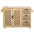 3D Woven Checkerboard Pattern Kitchen Island with Drop Leaf, Internal Storage Rack, Power Outlet, 3 Drawers and 2 Cabinets