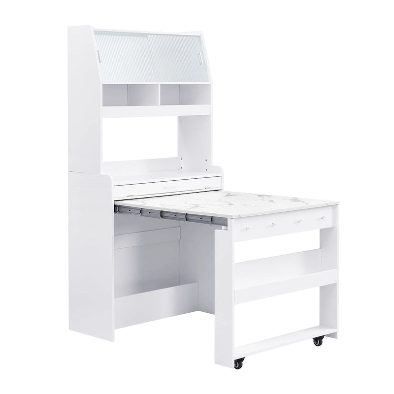 Multifunctional Cupboard Buffet with Storage Shelf,Side Hooks,Hutch and Foldable Dining Table