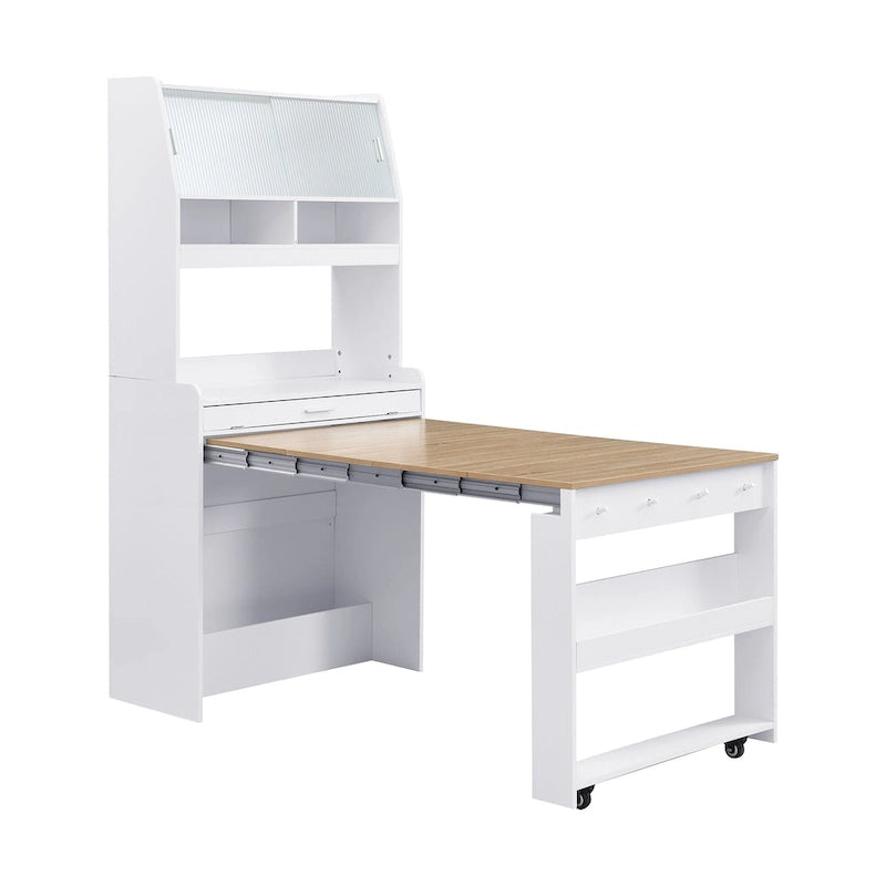 Multifunctional Cupboard Buffet with Storage Shelf,Side Hooks,Hutch and Foldable Dining Table