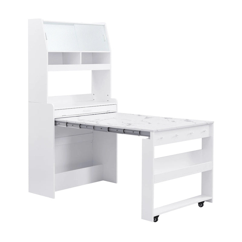 Multifunctional Cupboard Buffet with Storage Shelf,Side Hooks,Hutch and Foldable Dining Table