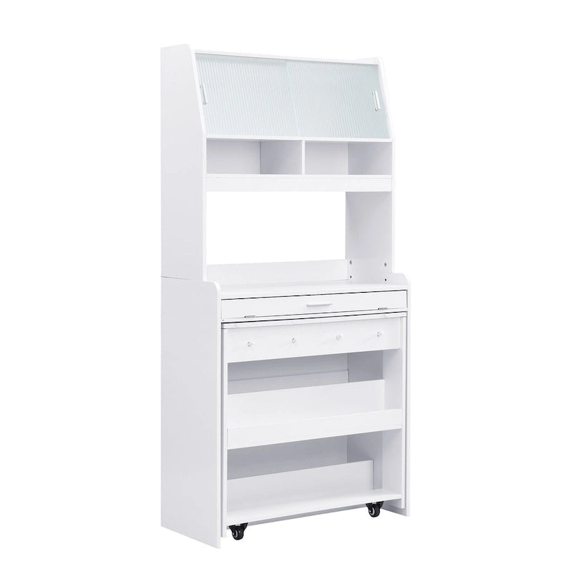 Multifunctional Cupboard Buffet with Storage Shelf,Side Hooks,Hutch and Foldable Dining Table