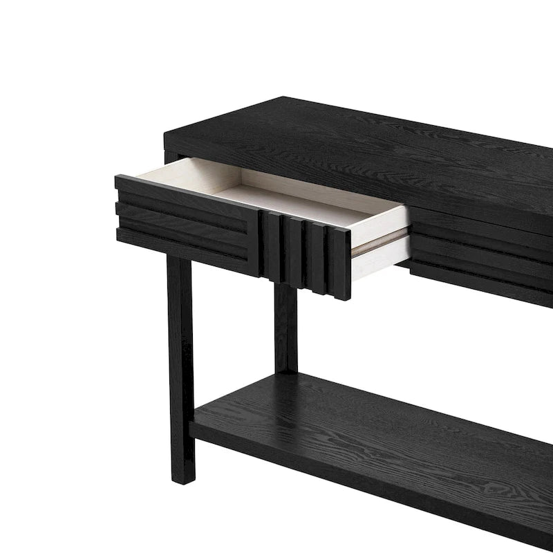 51.3 MDF Classic Stripe Console Table - Ash Veneer & Fir Wood Legs with 2 Drawers