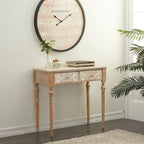 Wood Floral Intricately Carved 2 Drawers Console Table - Brown - 16W x 36L x 33H
