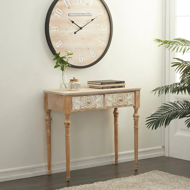 Wood Floral Intricately Carved 2 Drawers Console Table - Brown - 16W x 36L x 33H
