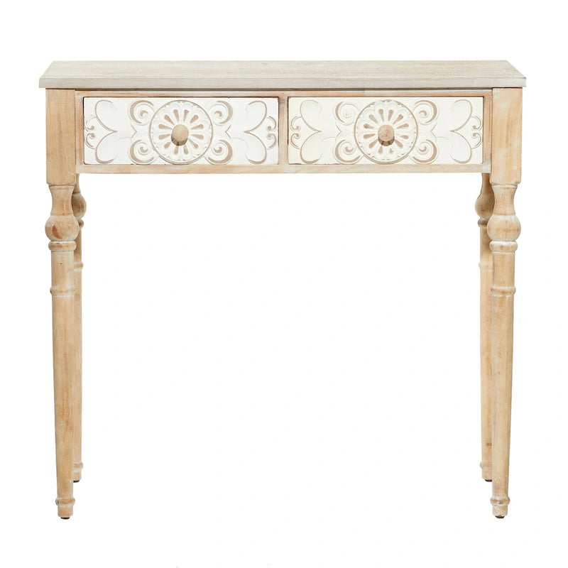 Wood Floral Intricately Carved 2 Drawers Console Table - Brown - 16W x 36L x 33H