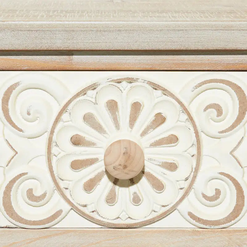 Wood Floral Intricately Carved 2 Drawers Console Table - Brown - 16W x 36L x 33H
