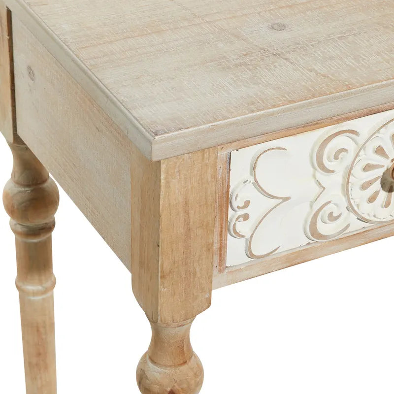 Wood Floral Intricately Carved 2 Drawers Console Table - Brown - 16W x 36L x 33H