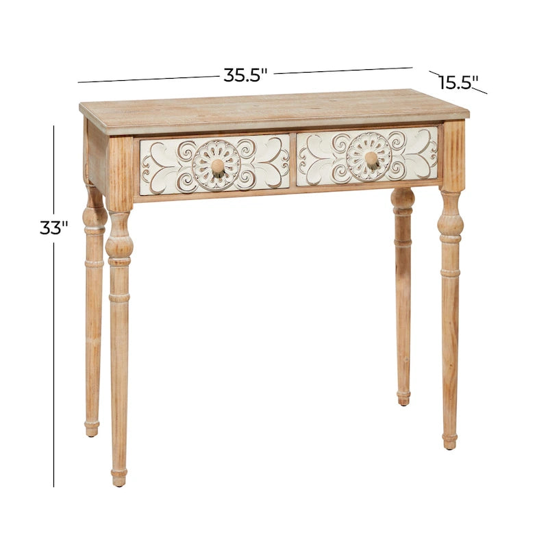 Wood Floral Intricately Carved 2 Drawers Console Table - Brown - 16W x 36L x 33H
