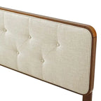 Traditional Beige Fabric Button Tufted Twin Size Walnut Wooden Headboard