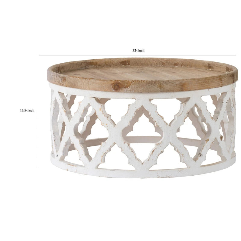 32 Inch Coffee Table, Round, Quatrefoil Lattice Design, Brown, White