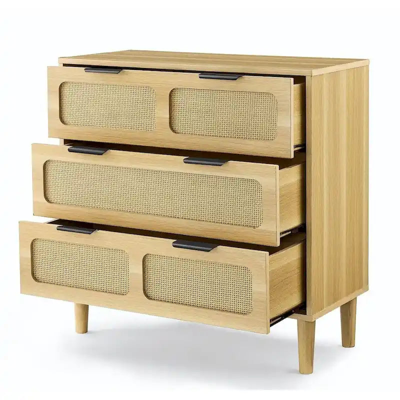 Modern Rattan 3-Drawer Dresser for Home and Office Storage