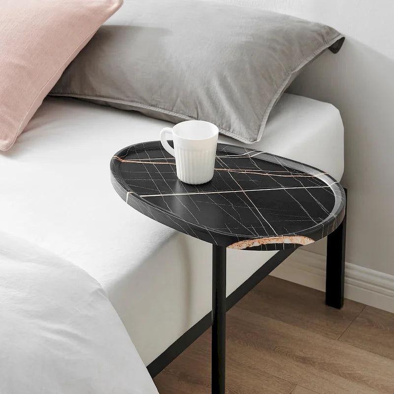 Oval Teardrop Modern Raised Lip Edge Couch-Side Accent C-Table with Crossed Y-Shape Metal Pedestal Leg