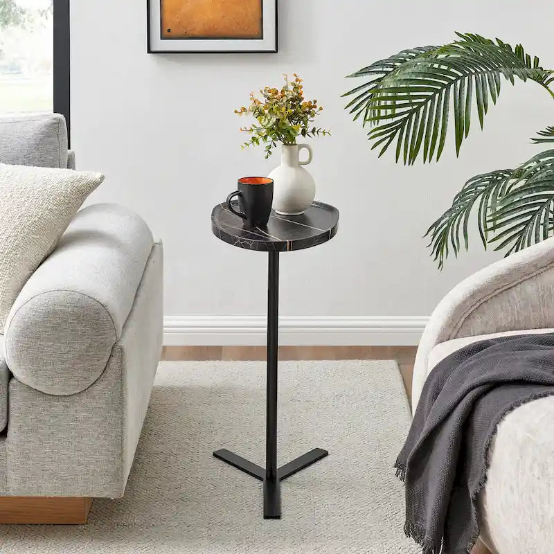 Oval Teardrop Modern Raised Lip Edge Couch-Side Accent C-Table with Crossed Y-Shape Metal Pedestal Leg