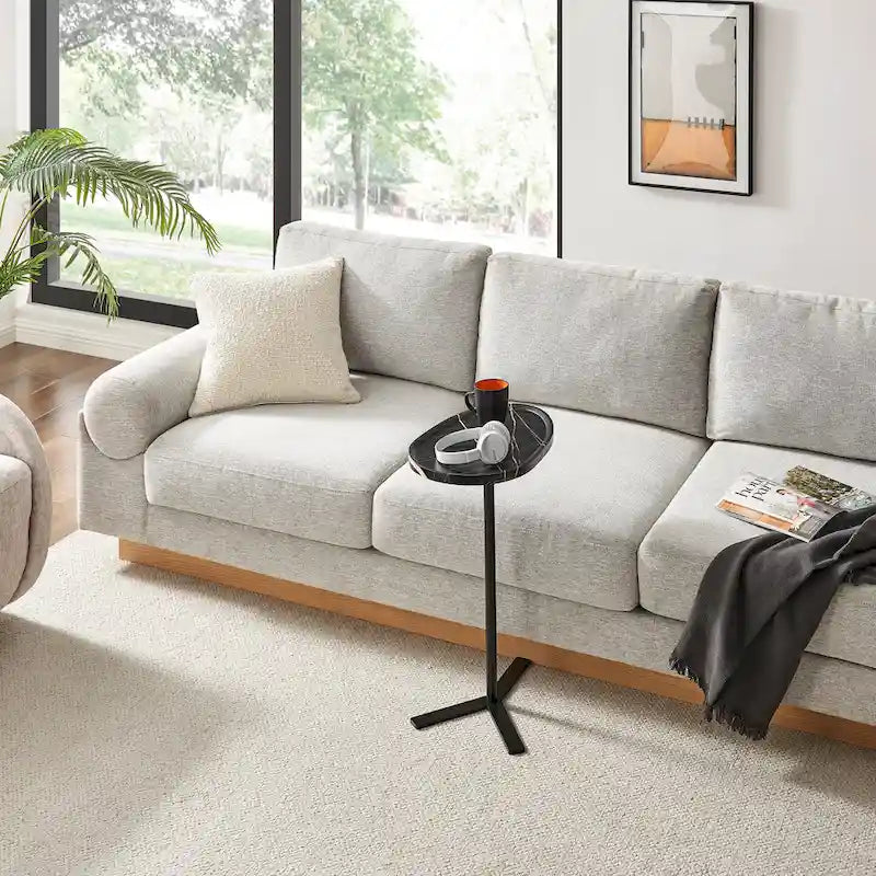 Oval Teardrop Modern Raised Lip Edge Couch-Side Accent C-Table with Crossed Y-Shape Metal Pedestal Leg