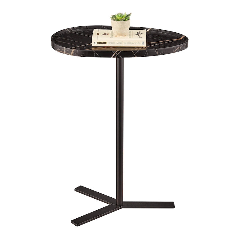 Oval Teardrop Modern Raised Lip Edge Couch-Side Accent C-Table with Crossed Y-Shape Metal Pedestal Leg