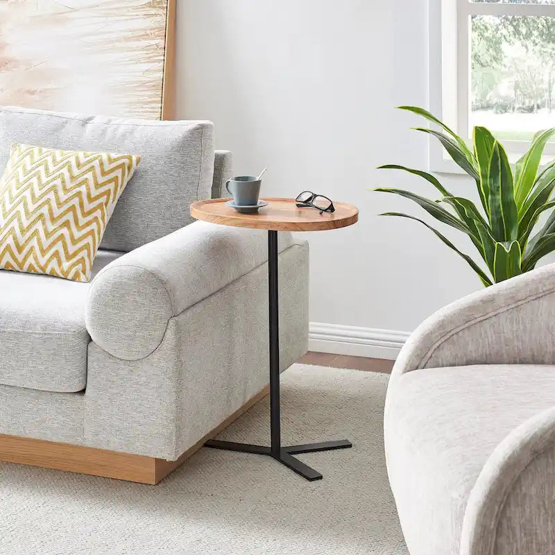 Oval Teardrop Modern Raised Lip Edge Couch-Side Accent C-Table with Crossed Y-Shape Metal Pedestal Leg