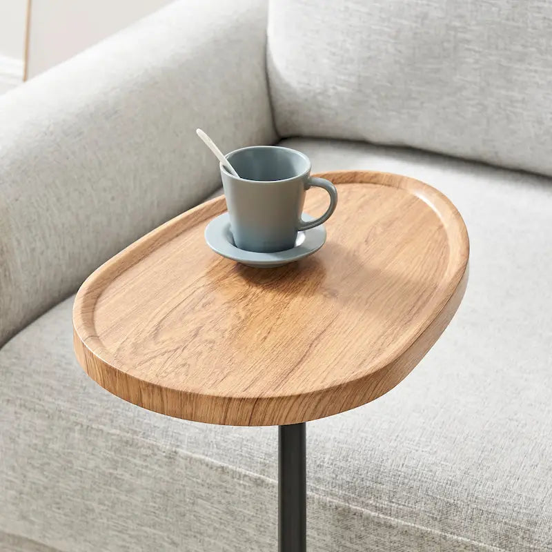 Oval Teardrop Modern Raised Lip Edge Couch-Side Accent C-Table with Crossed Y-Shape Metal Pedestal Leg