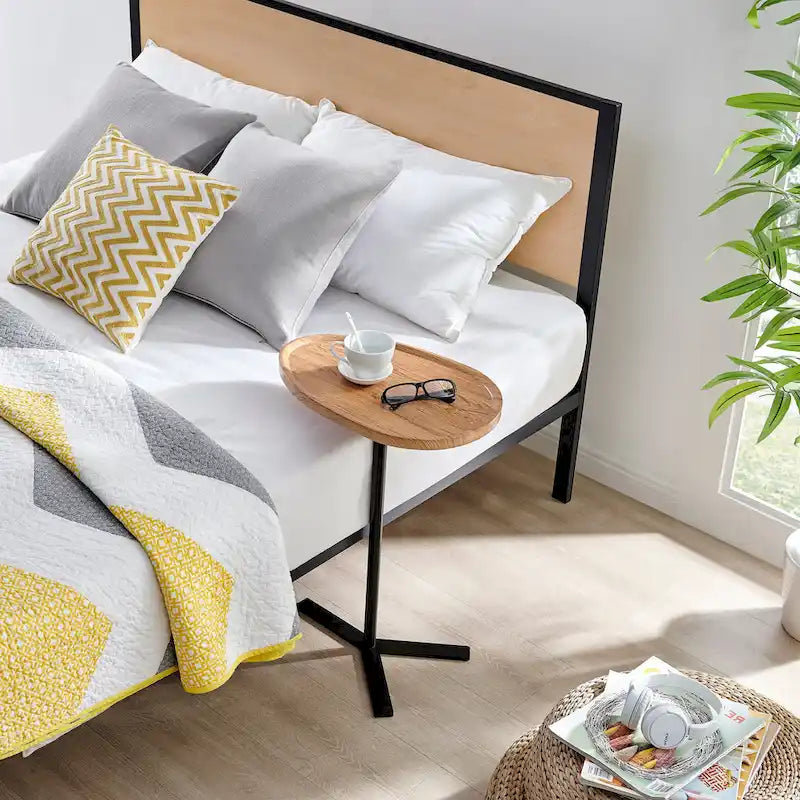 Oval Teardrop Modern Raised Lip Edge Couch-Side Accent C-Table with Crossed Y-Shape Metal Pedestal Leg